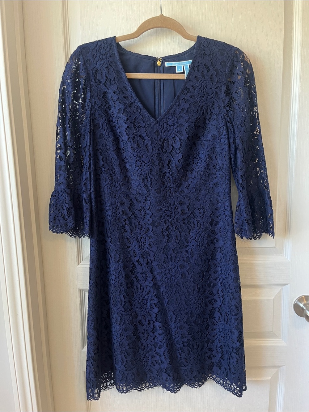 Draper James Navy Lace V-Neck Midi Dress with Three-Quarter Sleeves
